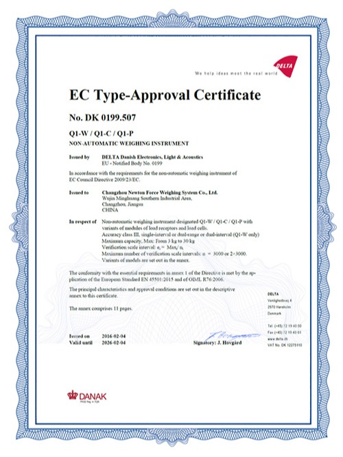 億東Q系列電子桌秤歐洲認(rèn)證證書(shū)