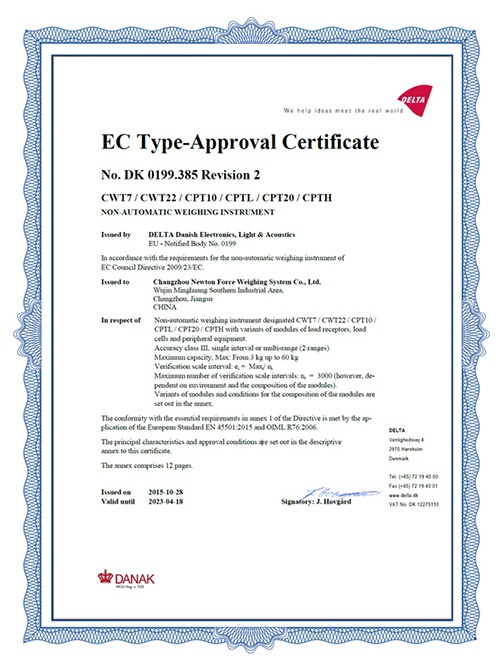 億東C系列電子桌秤歐洲認(rèn)證證書(shū)